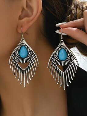 14K White Gold Womens Hanging Turquoise Dangle Drop Earrings 14 K Silver Jewelry